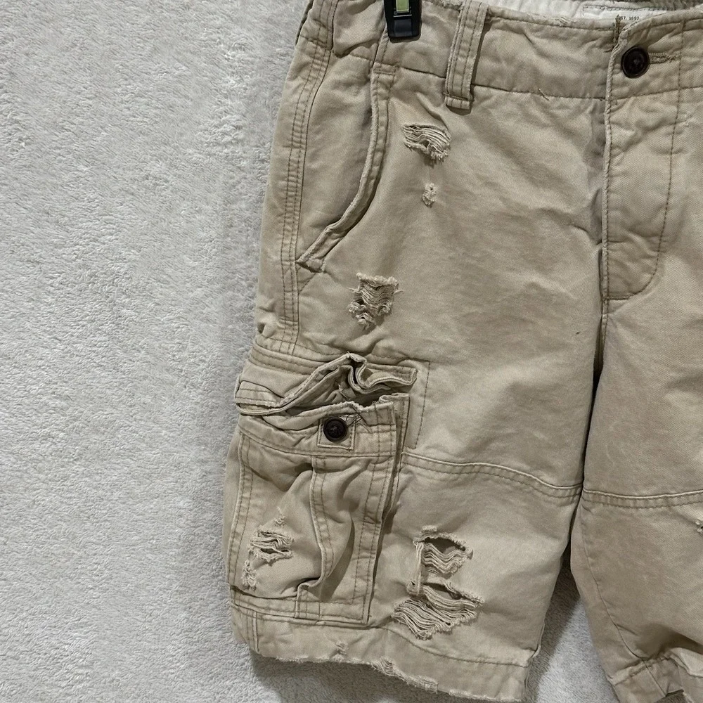 Y2K Abercrombie & Fitch Mens 31 Button Fly Cargo Shorts Khaki Distressed Baggy